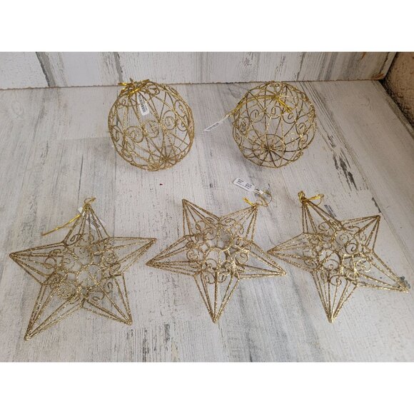 Pier 1 Ball golden glitter star ornament Xmas set metal - Picture 5 of 5